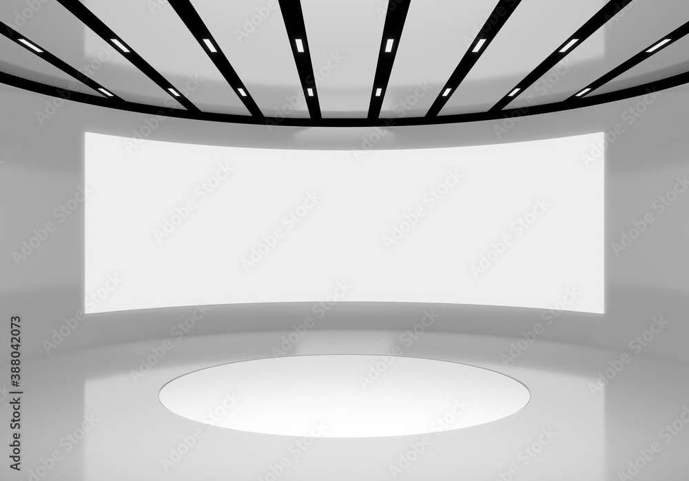 Poster futuristic circular room with big curved display on wall and round stage for exchibition and product