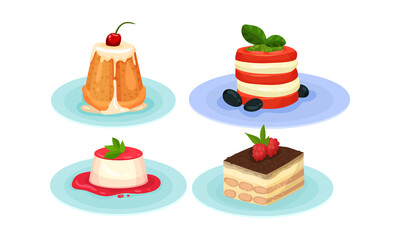 Tiramisu Cake Layered with Whipped Cream and Mascarpone Cheese and Pudding Vector Set