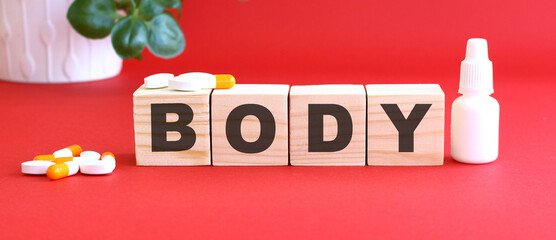 The word BODY is made of wooden cubes on a red background. Medical concept.