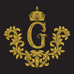 Golden glittering letter G monogram in vintage style. Heraldic coat of arms with halftone effect. Baroque logo template.