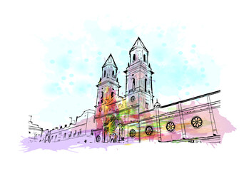 Building view with landmark of Cadiz is a city and port in southwestern Spain. Watercolor splash with hand drawn sketch illustration in vector. © dhanu3182