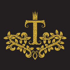 Golden glittering letter T monogram in vintage style. Heraldic coat of arms with halftone effect. Baroque logo template.