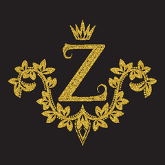 Golden glittering letter Z monogram in vintage style. Heraldic coat of arms with halftone effect. Baroque logo template.