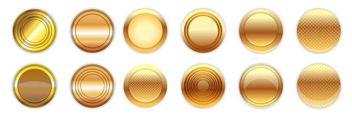 Web vector golden and bronze golden web buttons and round labels collection isolated on white background. Christmas golden round badges or buttons set isolated on white background