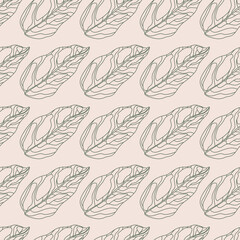 Creative seamless pattern with hand drawn contoured leaf shapes. Light pink background. Tender nature backdrop.