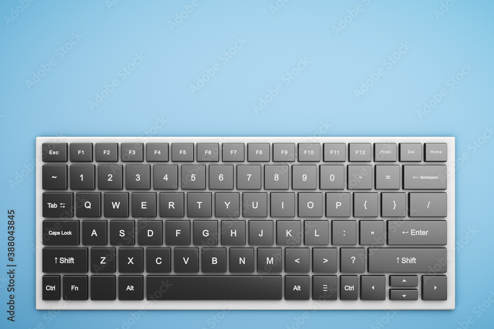 Poster simple stylish wireless computer keyboard on the table. view from above.