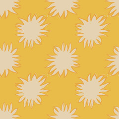 Minimalistic morning seamless pattern with grey star silhouettes. Sun shapes ornament on yellow pale background.