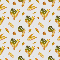 Pattern with autumn leaves in vector on a gray background. Oak leaves, Acorn and other Autumn leaf fall. Design for sites. Thanksgiving Day. Autumn vector seamless background Acorn
