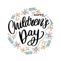 happy children's day, cute vector greeting card with funny letters in scandinavian style and cartoon landscape