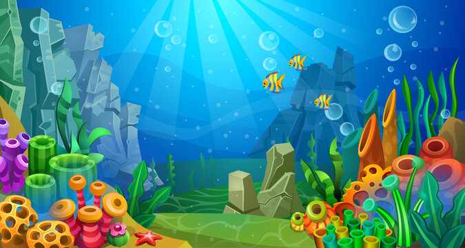 Underwater world of colorful algaes, coral, sponges, stones and fishes are on the seabed.
