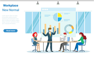 Group of businessman and woman meeting at office with face mask protecion from COVID-19 pandemic. New normal, social distancing in workplace during coronavirus spreading, medical healthcare concept.