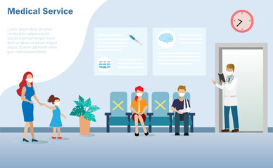 Patients waiting for doctor at seats in hospital, wearing face mask, keeping distance to protect from COVID-19 coronavirus pandemic. New normal lifestyle and physical social distancing concept. 