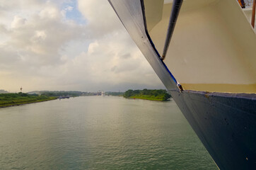Cruiseship or cruise ship liner arrival to first lock of Panama Canal