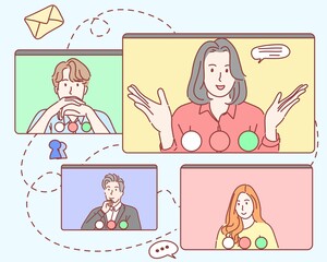 Group of people with video conference concept. Hand draw flat character vector style.