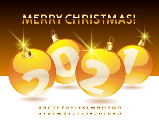 Vector beautiful greeting card Merry Christmas 2021 with Decorative Balls. Gold Alphabet set. Premium elite Font