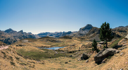 Pic du Midi d'Ossau mountain rising above the Ossau Valley, hiking around the Lac d’Ayous, Pyrenees, France