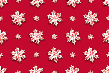Seamless pattern of Christmas gingerbread in shape snowflake on red. Xmas abstract background.