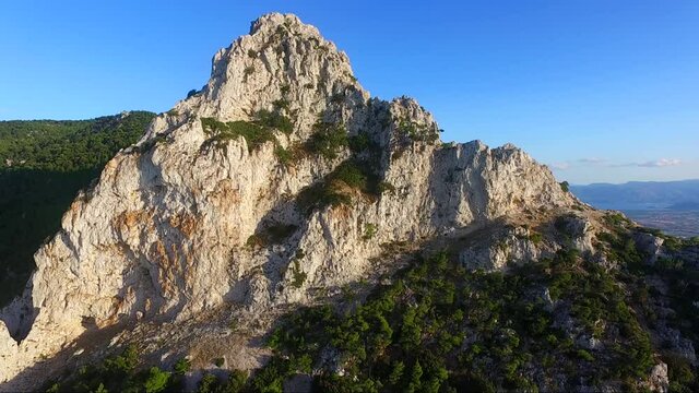 Aerial shot of the precipitous Paliovouna peak of Geraneia mountains, Corinthia, Greece.
