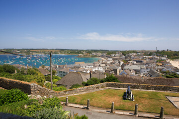 Hugh Town and St. Mary's Pool from Hugh House, St. Mary's, Isles of Scilly, England, UK