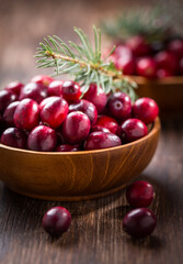 Ripe organic cranberries in wooden bowl on wooden background