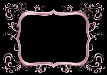 Rose golden shiny glowing ornate frame isolated over black