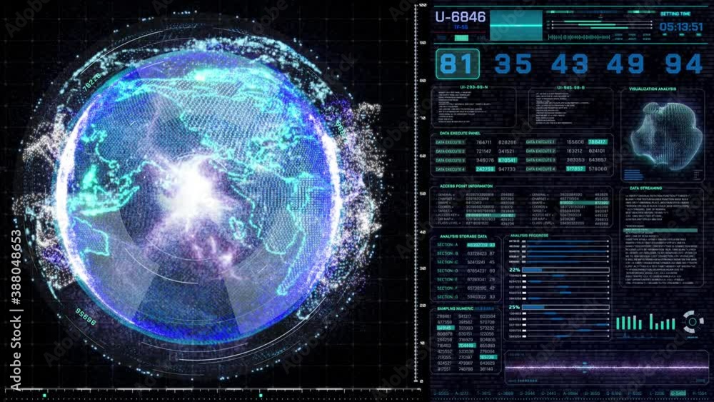 Poster HUD Futuristic Rotation Digital Earth Graphic Interface Display Technology. UI Hologram Scifi 4K Motion Data Transfer Chart Elements.