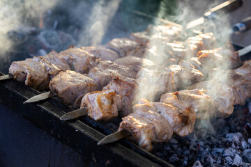 Shish kebab on skewers is fried on the grill on coals with smoke.