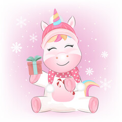 Cute little unicorn and gift box. Christmas season watercolor illustration