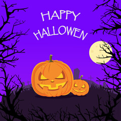 Spooky Hallowen banner with pumpkins, moon and tree silhouette Vector.