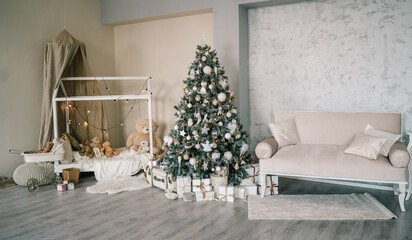 New year decoration in the children's room. Christmas tree