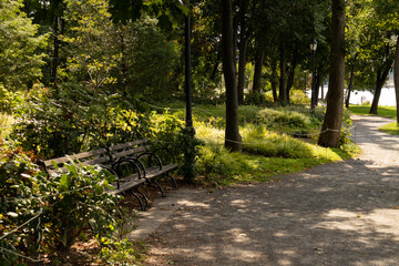 Beautiful Trail along the Riverfront of Randalls and Wards Islands in New York City during Summer with Green Plants and a Bench