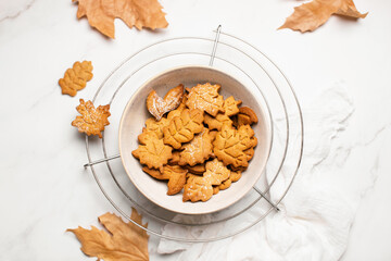 Homemade autumn gingerbread cookies top down view