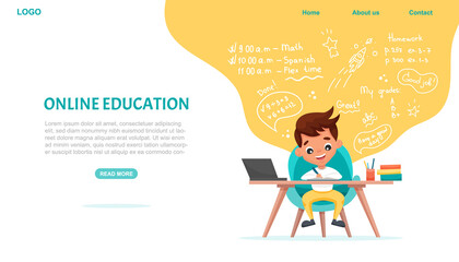 Online education website template. E-learning concept banner. Cute schoolboy sits at table and studies online with laptop. Vector flat cartoon illustration with hand-drawn doodle elements