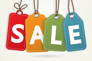 Vector isolated colorful hanging sales tag with optional transparent shadow.