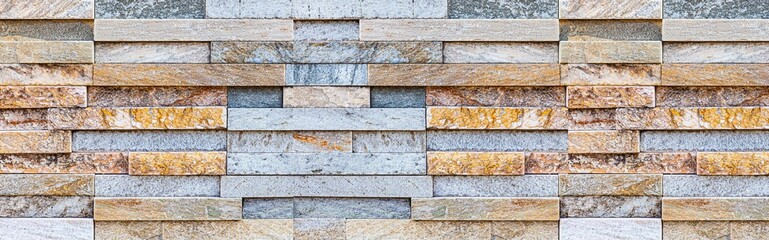 Panorama of Block pattern brown stone cladding wall tile texture and seamless background