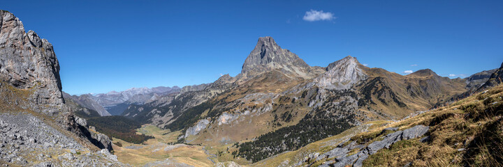 Panorama of Ossau Valley with Pic du Midi d'Ossau mountain, Pyrenees National Park, France