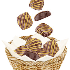 カゴに入った金のチョコレートクッキー水彩風イラスト