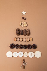 Eco-style Christmas tree made of fir and pine cones, walnuts, macadamia, peanuts, cinnamon sticks and wood pieces and numbers 2021 on a beige background. Christmas composition flat lay