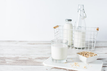 Homemade non dairy alternative milk made from oat flakes.