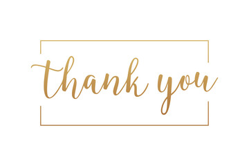 Thank You Card. Gold Text Handwritten Calligraphy Lettering with Square Line Frame Outside isolated On White Background. Flat Vector Illustration Design Template Element. - obrazy, fototapety, plakaty