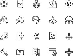 technology vector icon set such as: responsive, hosting, strategy, cloud, laboratory, scientific, e, keyword targeting, set, plant, chemistry, support, folder, learn, robotic, tool, process, study