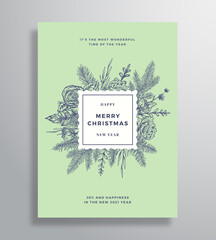 Christmas Abstract Vector Square Frame Greeting Card, Poster or Holiday Background. Sketch Pine, Holly, Mistletoe Branches and Flowers. Gentle Holiday Frame and Typography. Isolated