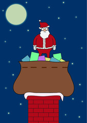 Santa Claus With Christmas Presents Going Down Chimney