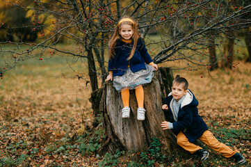 A couple of children posing in autumn park