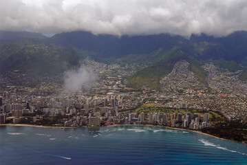 Arial view of Honolulu Waikiki and Mountains of Ohau Hawaii