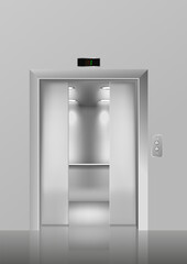 Opened metallic chrome elevator door 3d mockup, realistic vector illustration