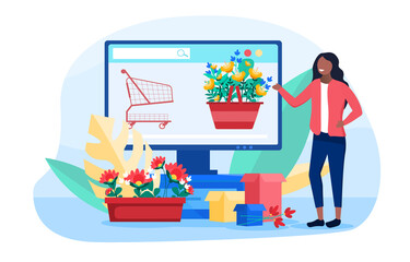 Abstract concept of ordering and delivery of flowers online via the Internet. Flat cartoon vector illustration with fictional characters.