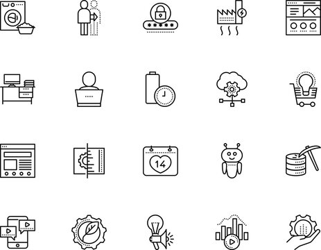 technology vector icon set such as: clear, health, strategy, bitrate, entry, commerce, preferences, mechanism, freelance, mechanics, robot, renewable, live, process, maintenance, content, time