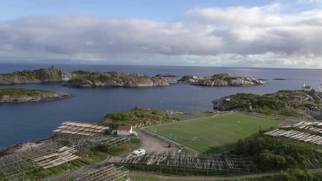 Aerial shot of a very special football field in Lofoten, Norway.