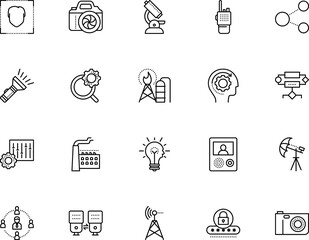 technology vector icon set such as: transmitter, glass, round, focus, shooting, zoom, talk, program, technological, manufacturing, programming, external, community, door, dslr, optimization